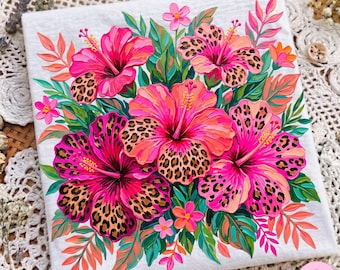 Summer Leopard Hibiscus PNG: Tropical Coastal Boho Floral Brushstroke Design