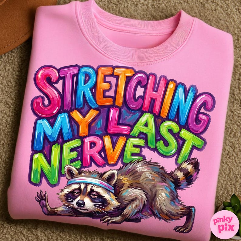 May include: Pink sweatshirt with the text "STRETCHING MY LAST NERVE" in colorful bubble letters. A raccoon wearing a headband is stretching below the text. The sweatshirt is a crew neck style.