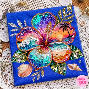 May include: A vibrant, mosaic-style artwork featuring a large hibiscus flower with a beach scene at its center. The flower is adorned with colorful gems and surrounded by seashells and leaves on a blue background. The artwork includes the text "pinky pix".