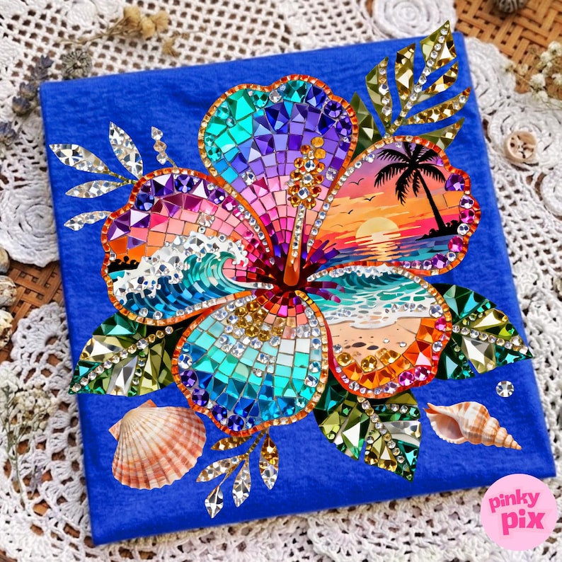 May include: A vibrant, mosaic-style artwork featuring a large hibiscus flower with a beach scene at its center. The flower is adorned with colorful gems and surrounded by seashells and leaves on a blue background. The artwork includes the text "pinky pix".