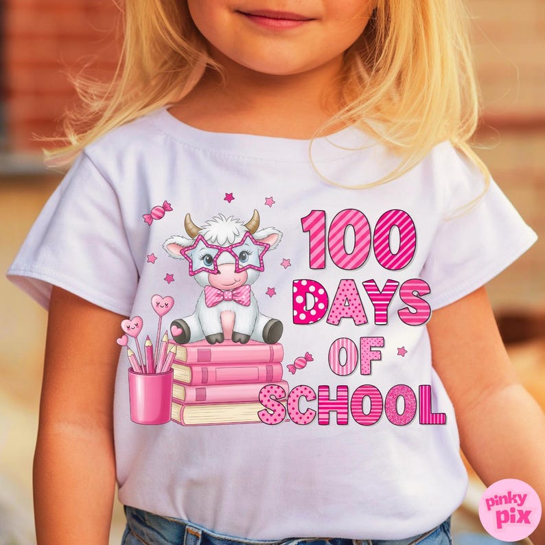 Pu&ograve; includere: Maglietta bianca con una mucca dei cartoni animati con occhiali a forma di stella e papillon, seduta su libri rosa. Il testo "100 Days of School" &egrave; rosa. Sono presenti anche un portapenne rosa e grafiche di caramelle.