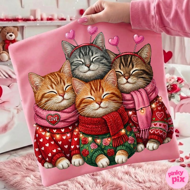 May include: Pink square pillow featuring a group of four smiling cartoon cats. The cats wear sweaters, scarves, and heart-shaped headbands. The sweaters are red and green with heart and rose patterns. The pillow is held by a person.