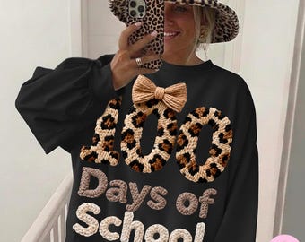 100 giorni di scuola PNG, fiocco leopardato in filato sintetico, design per insegnante, download digitale