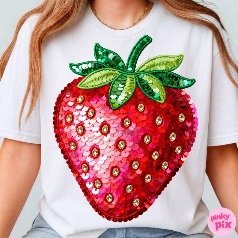 K&ouml;nnte beinhalten: Wei&szlig;es T-Shirt mit einem gro&szlig;en, paillettenbesetzten Erdbeer-Design. Die Erdbeere ist rot und rosa mit goldenen Akzenten, gr&uuml;nen Bl&auml;ttern und einem gr&uuml;nen Stiel. Das Shirt hat kurze &Auml;rmel und einen Rundhalsausschnitt.
