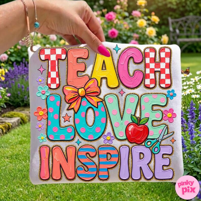 Teach Love Inspire PNG: Coquette Bow Apple Floral Brushstroke Glitter Sublimation Design, Digital Download image 3