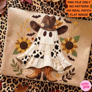 May include: A graphic print on a tan background featuring a ghost wearing a brown cowboy hat and brown cowboy boots. The ghost is decorated with a black and white cow print pattern, surrounded by sunflowers, wheat stalks, leaves, and bats.