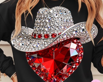 Western Valentine Heart PNG, Rhinestone Cowgirl Hat Red Crystal Love DTF Shirt Design