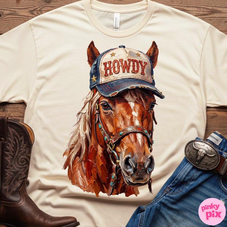 May include: Cream-colored t-shirt featuring a detailed illustration of a horse wearing a "HOWDY" cap. The horse has a brown coat, a bridle with turquoise accents, and a white mane. A pair of brown cowboy boots and blue jeans with a belt are visible.