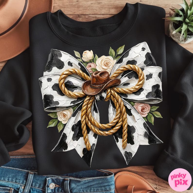 May include: Black sweatshirt featuring a cow-print bow design with a brown cowboy hat, gold rope, and floral accents. The bow has a white background with black spots. The design is centered on the front of the sweatshirt.