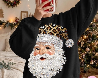 ヒョウ柄のクリスマスサンタPNG：フェイクラインストーンクリスタルモザイクラグジュアリーブリンググラムホリデーデザイン