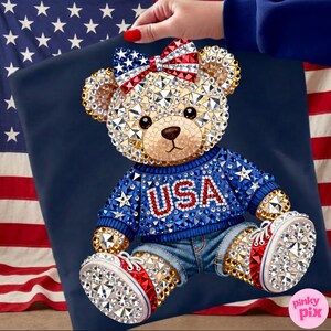 USA Teddy Bear 4th of July PNG: Patriotic Rhinestone American Flag Bow T-Shirt Design image 3