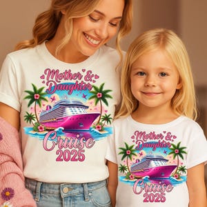 Cruzeiro Mãe e Filha 2025 PNG, Design de Camiseta de Férias em Família Combinando, Sublimação de Navio de Cruzeiro Rosa, Clipart de Viagem Tropical