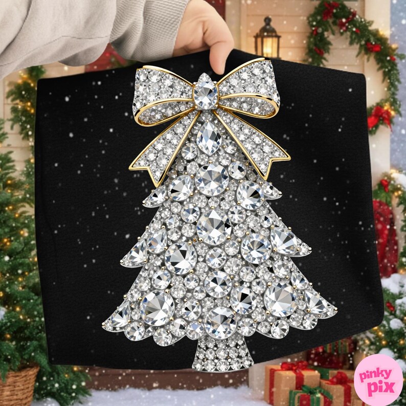 May include: Black Christmas-themed decorative pillow featuring a sparkling diamond-like Christmas tree design. The tree is adorned with numerous clear, faceted gems and topped with a gold bow. The pillow is held by a person.