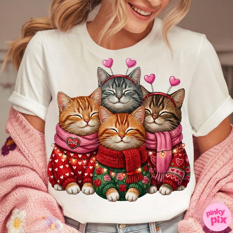 May include: White t-shirt featuring a graphic of four smiling cats. The cats wear sweaters, scarves, and heart-shaped headbands. The sweaters are red and green with heart and floral patterns. The scarves are pink and red.