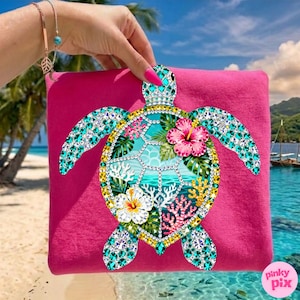 May include: A hot pink tote bag featuring a bejeweled sea turtle design. The turtle has turquoise, yellow, and clear crystal accents, with a turquoise and floral center. The design includes hibiscus flowers and coral.