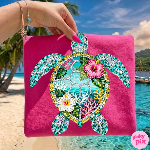Sea Turtle PNG: Rhinestone Summer Tropical Hibiscus Ocean Sublimation Design, Trending Digital Download