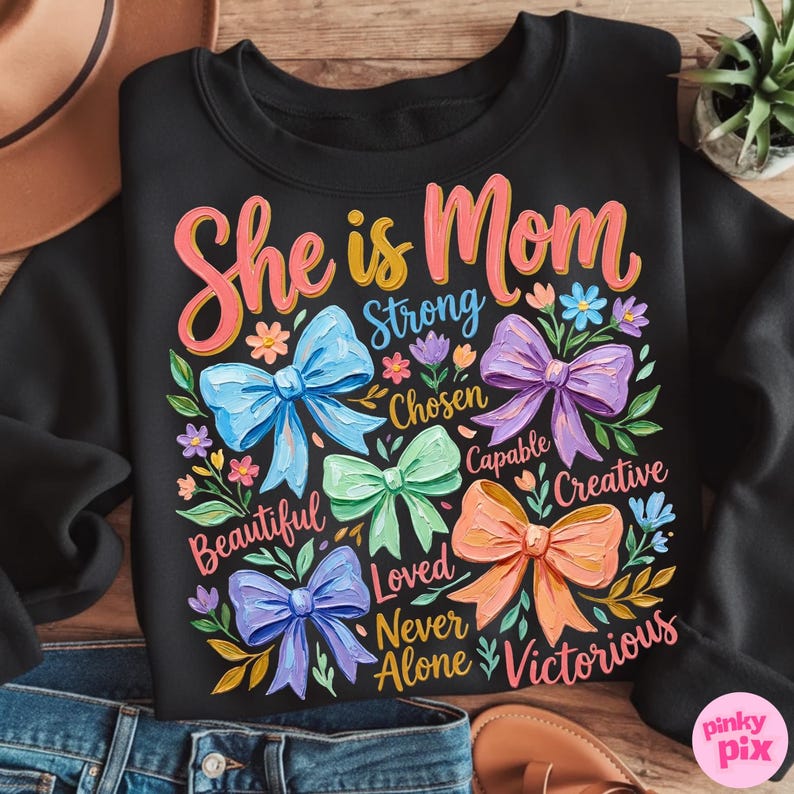 K&ouml;nnte beinhalten: Schwarzes Sweatshirt mit dem Text "She is Mom" in rosa und gelber Schrift. Das Design umfasst bunte Schleifen und florale Akzente mit W&ouml;rtern wie "Strong" und "Beautiful".