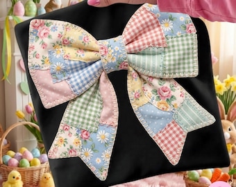 Lazo Grandmacore de patchwork PNG: Diseño de sublimación de tela a cuadros con diseño floral estilo cottage core