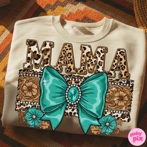 Western Mama PNG – Turquoise Bow Leopard Print Sublimation, Cowgirl Glam Mom Clipart for Mother’s Day Shirt image 1