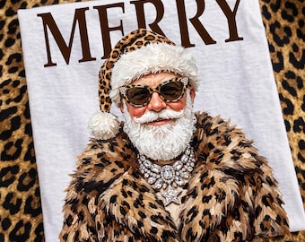 Leopard Merry Christmas Santa PNG: Rhinestone Luxury Glam Boujee Sunglasses Holiday DTF Digital Download