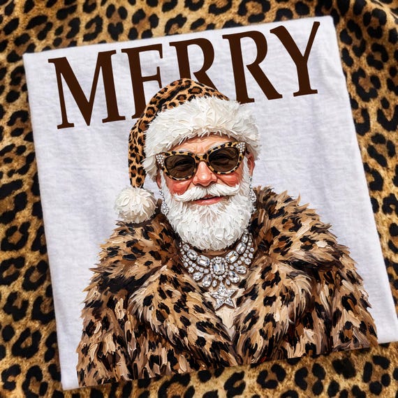 Leopard Merry Christmas Santa PNG: Rhinestone Luxury Glam Boujee Sunglasses Holiday DTF Digital Download