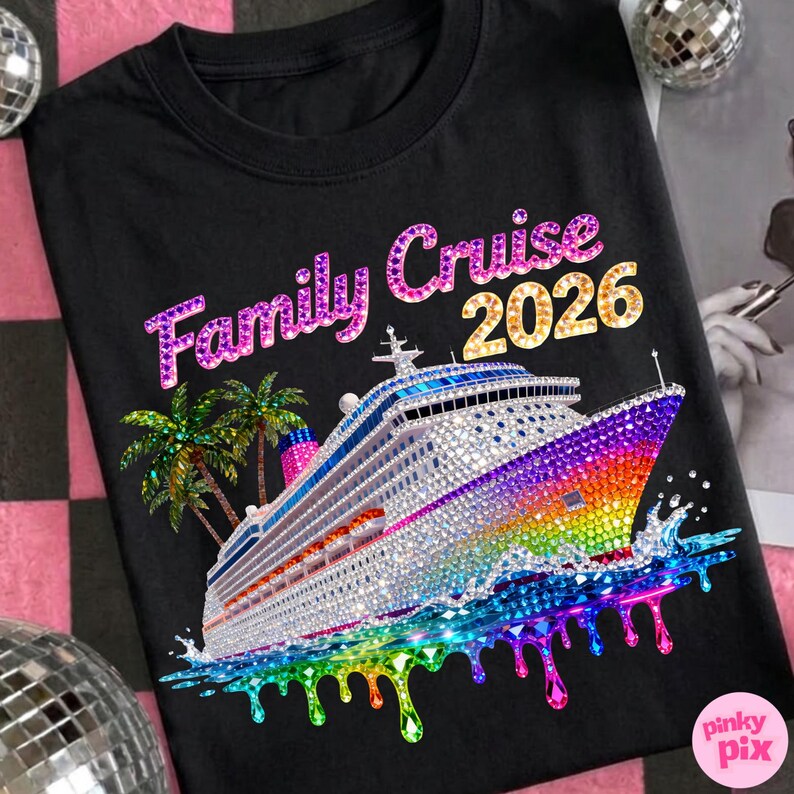 Op de afbeelding: Zwart T-shirt met een kleurrijke afbeelding van een cruiseschip, palmbomen en de tekst "Family Cruise 2026". Het schip is versierd met strass-steentjes en een regenboogontwerp. Het ontwerp bevat druipende verf.