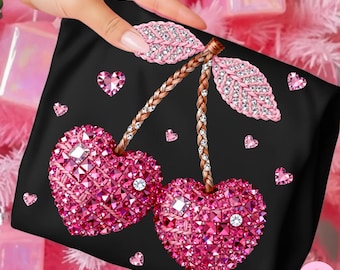 Valentines Day Cherry Heart PNG: Pink Yarn Sparkle Rhinestone Jeweled Design, Trending Digital Download