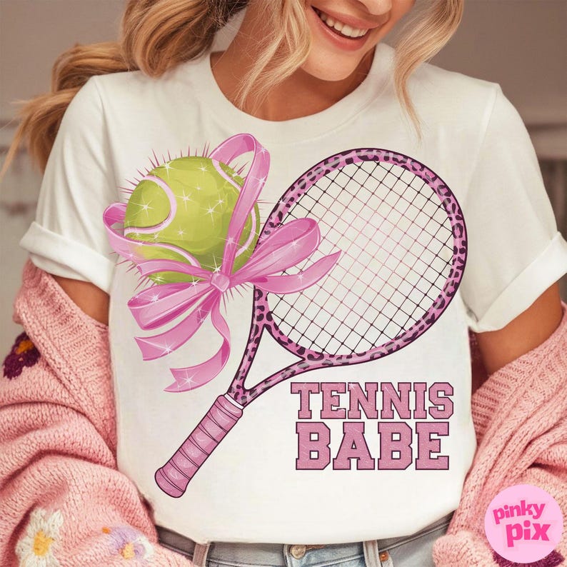 Coquette Tennis PNG, Pink Bow Tennis Sublimation Design, Sporty Girl Shirt Design, Tennis Mom Shirt PNG, Pink Leopard Tennis Racket Clipart image 2
