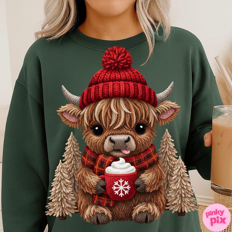 May include: Green sweatshirt featuring a cartoon Highland cow wearing a red knit hat and scarf. The cow is holding a red mug with a snowflake design and whipped cream. Two small Christmas trees flank the cow. The sweatshirt has a crew neck.