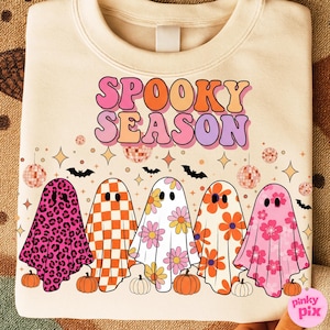 Spooky Season Cute Ghost Png, Retro Floral Checker Pink Halloween Png, Spooky Groovy Girly Ghost Sublimation Design, Leopard Ghost Shirt Png