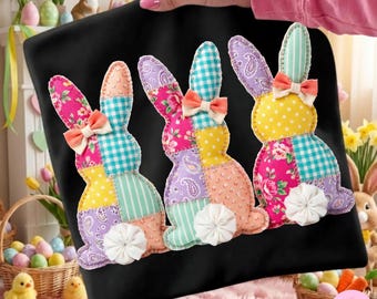 Patchwork Floral Easter Bunny PNG: Grandma Core Cottagecore Checkered Gingham Spring Bow Sublimation Design