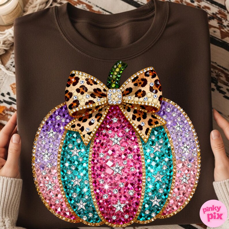 Op de afbeelding: Een donkerbruin sweatshirt met een grote pompoenafbeelding bestaande uit veelkleurige strass-steentjes in roze, taling en paarse tinten. De pompoen is versierd met een strik met luipaardprint en een groene steel, bezet met fonkelende sterren.