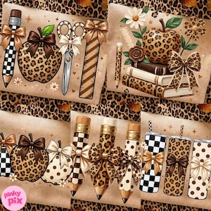 Pacchetto PNG di articoli scolastici Leopard Teacher Apple: set di matite, forbici e righello a scacchi e pois