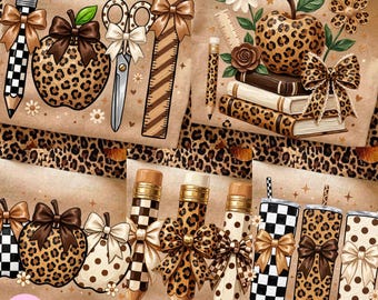 Leopard Teacher Apple School Supplies PNG Bundle: Rutig prickig penna sax linjal set