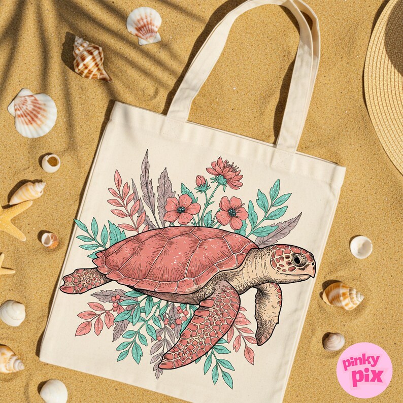 May include: A beige tote bag with a pink and green illustration of a sea turtle surrounded by flowers. The turtle is swimming in the ocean.