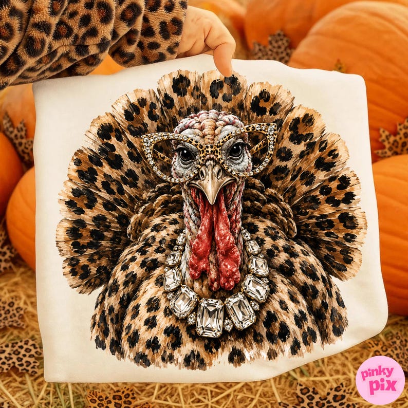 May include: A white sweatshirt featuring a graphic of a turkey with leopard print feathers, wearing leopard print cat-eye glasses and a large, clear crystal statement necklace. The turkey has a red wattle and a detailed, textured appearance.