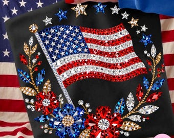 4 juli, PNG| Strass Amerikaanse vlag bloemen sterren DTF-ontwerp| Trending digitale download