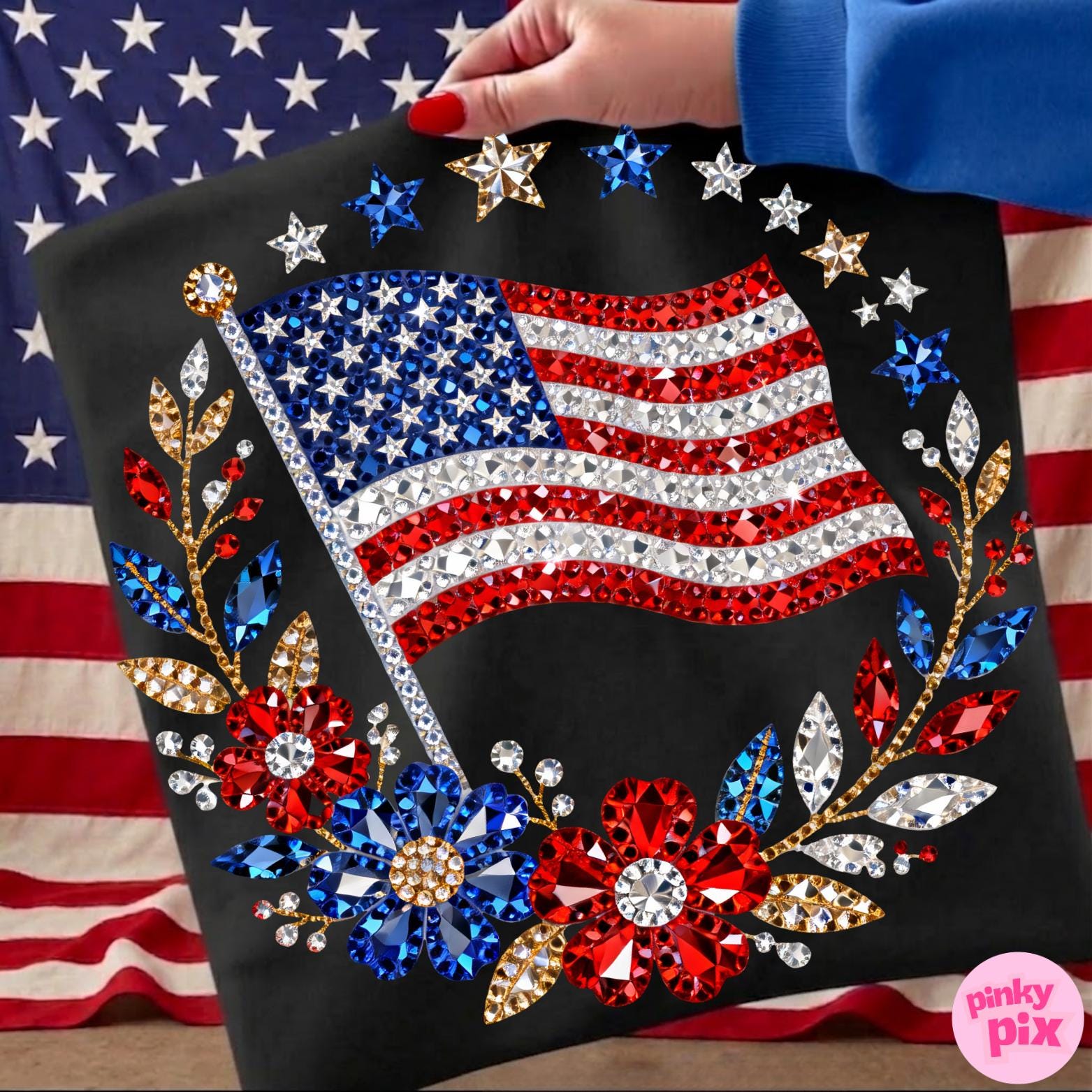 4th of July PNG| Rhinestone American Flag Floral Stars DTF Design ...