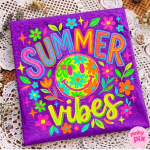 May include: A purple square with the words "SUMMER VIBES" in bright neon colors. The design includes a smiley face made of flowers and various floral and star accents, creating a vibrant, cheerful aesthetic.
