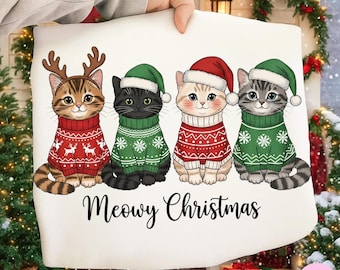 Meowy Weihnachtskatzen PNG, süße Kätzchen im Feiertags-Pullover-Sublimationsdesign