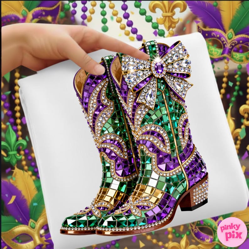 May include: A pair of decorative cowboy boots with a mosaic design in green, purple, and gold. The boots feature a jeweled bow and heel, with a white background. The boots are a festive accessory.