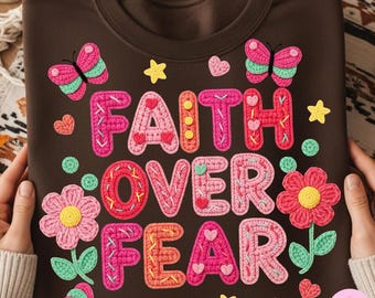 Faux Yarn Faith Over Fear PNG: Pink Crochet Bible Verse Christian Sublimation Design
