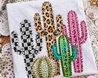 Rhinestone Cactus PNG: Leopard Checkered Glam Western  Bling Country Turquoise DTF Design, Digital Download