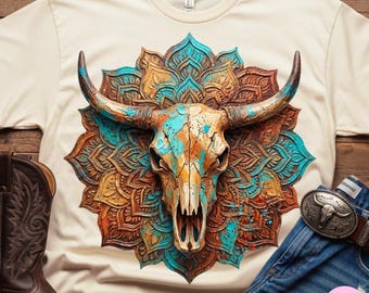 Western Turquoise Bull Skull PNG Design: Boho Mandala Brushstroke Rustic Hand-Painted Trending Digital Download