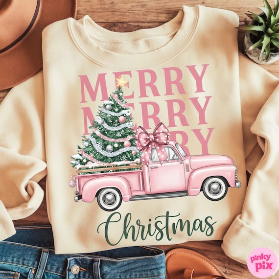 Pink Retro Merry Christmas Truck Png, Coquette Christmas Tree Png, Cute Holiday Shirt Design, Vintage Christmas Sublimation, Girly Xmas Png