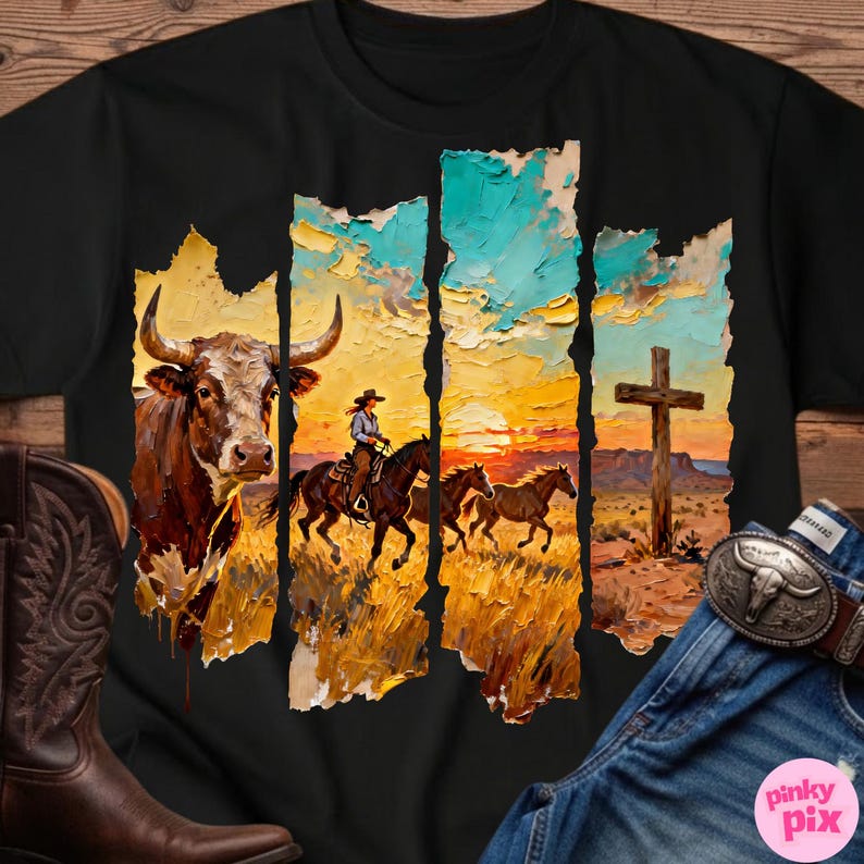 May include: Black t-shirt featuring a Western-themed graphic. The design includes a bull, a cowboy riding a horse, and a cross against a sunset backdrop. The image has a textured, painted appearance.