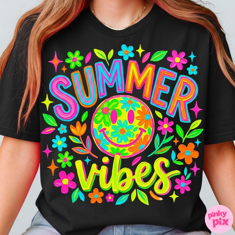 Summer Vibes Smiley Face PNG: Neon Retro Floral Bright Colorful Hippie ...
