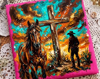 Western Cross PNG: Turquoise Brushstroke Cowboy Horse Faith Rustic Christian Sublimation Design, Digital Download