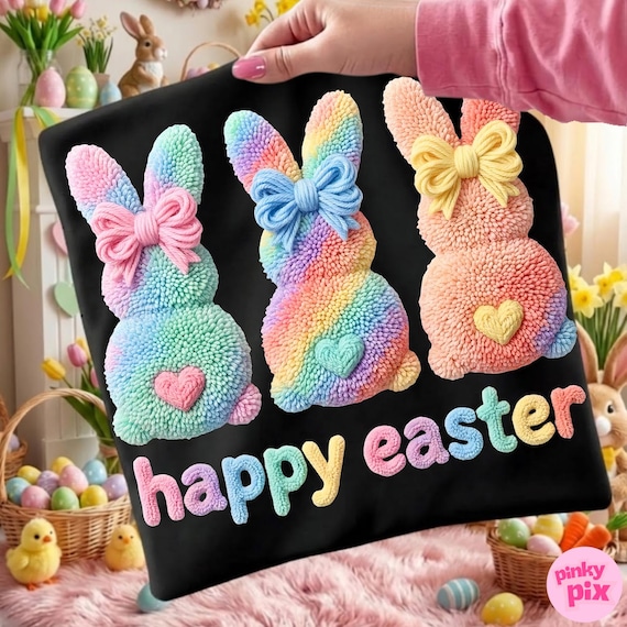 Faux Yarn Happy Easter Bunny Png, Crochet Colorful Coquette Bow Sublimation Design, Digital Download