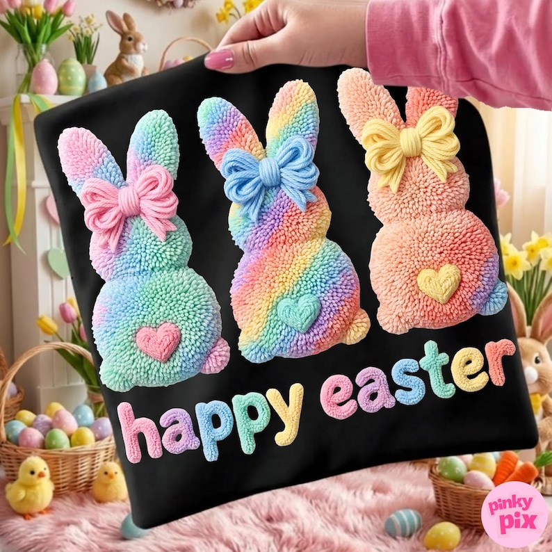 以下が含まれることがあります： 黒い生地に、3匹のカラフルなウサギのデザインと「happy easter」の文字が描かれています。各ウサギにはリボンとハートが付いています。ウサギは虹色です。イースターをテーマにしています。